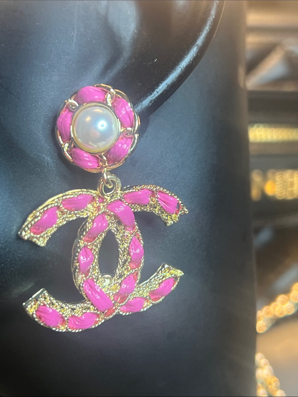 Gold-Tone Pink Pearl Drop Double-C Logo Earrings